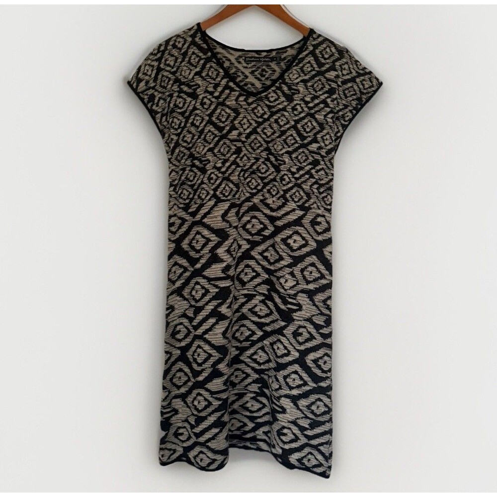Gudrun Sjödén Organic Cotton Knit Dress Small Black Gray/Greige Geometric 37”